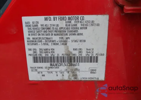 2020 Ford Ecosport S z USA, uszkodzony, nr VIN MAJ6S3FL5LC386611